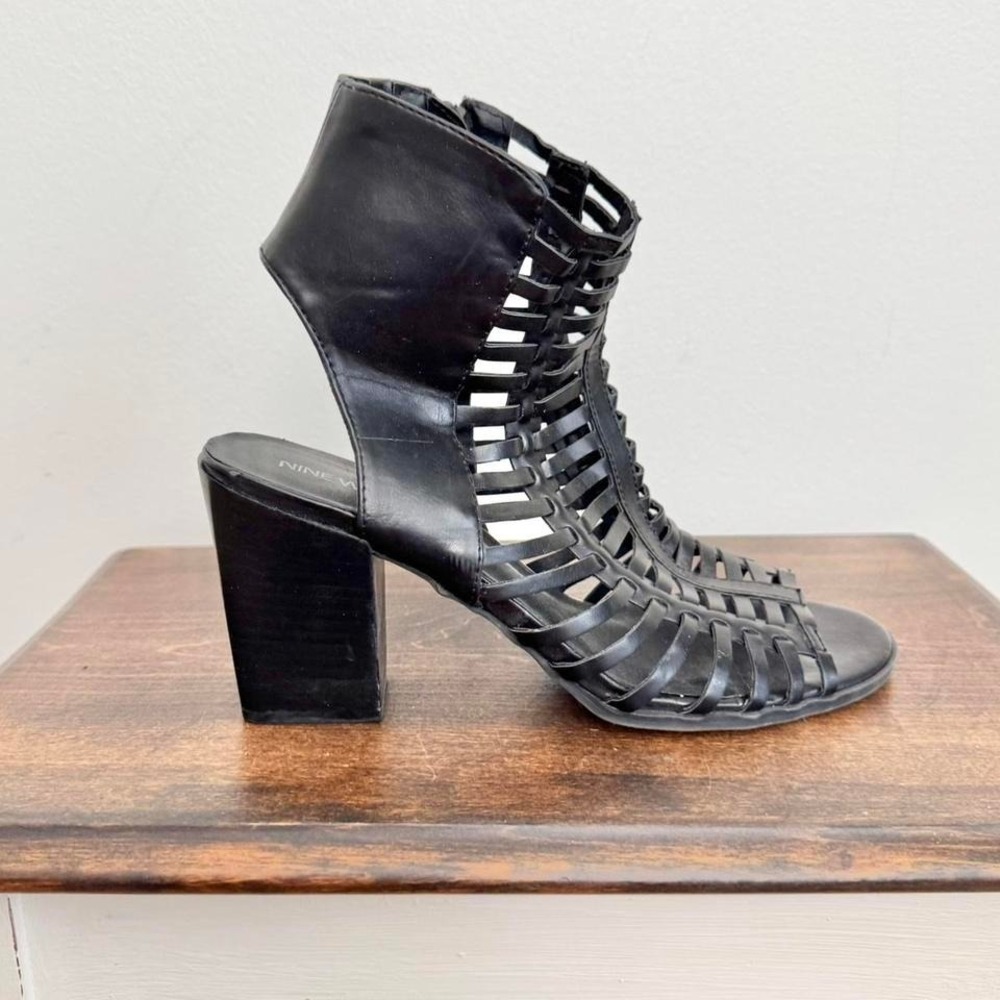 Black faux leather cage ankle heel size 10 Nine West vegan lace up gladiator